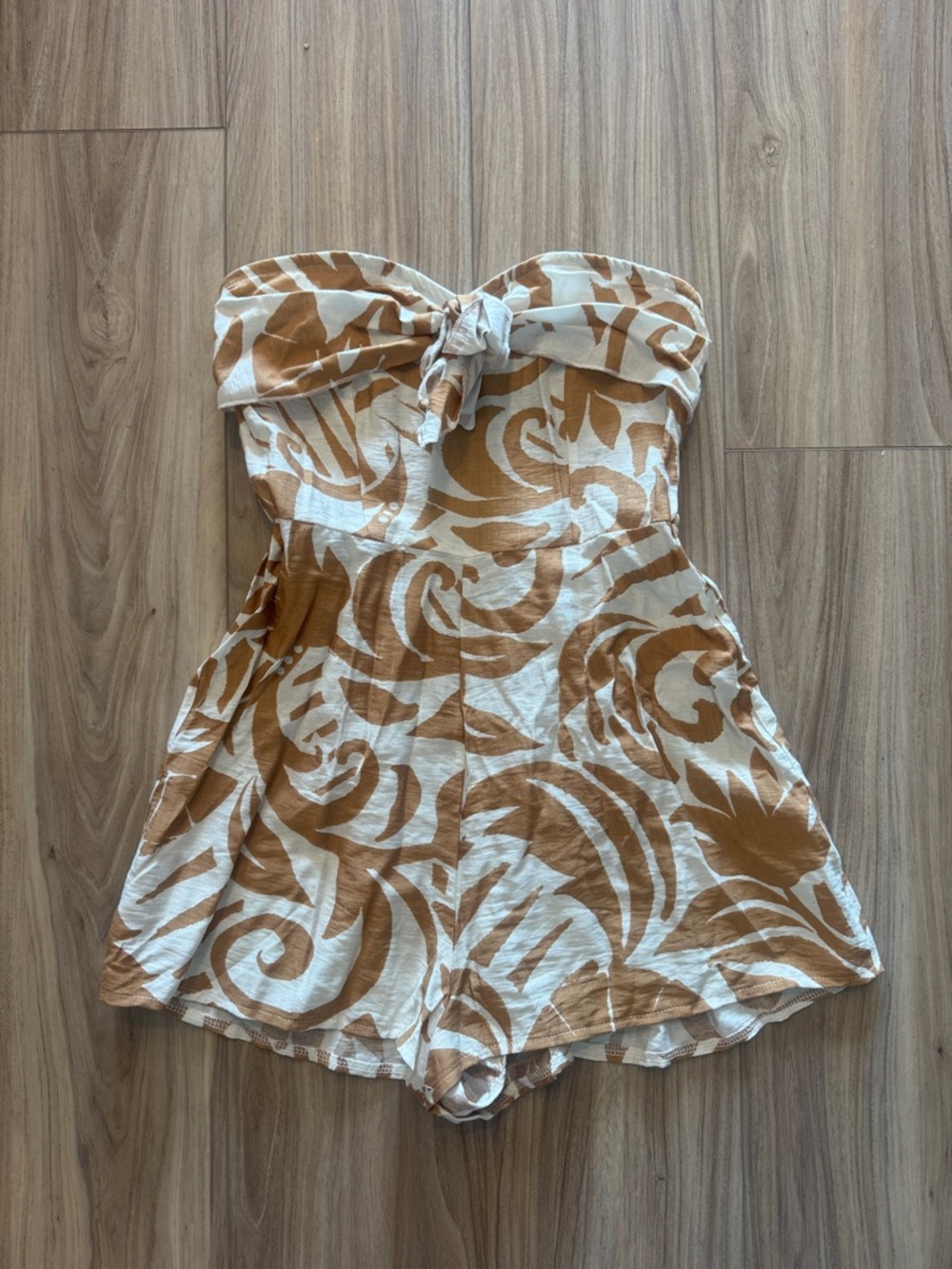 Strapless Tie-Front One-Piece in Tan & White